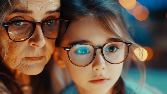 Generational Gaze: An older woman and a young girl, both wearing glasses, share a close moment as they look towards the same point. Capturing the connection between generations.