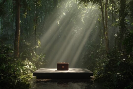 A platform in a lush tropical jungle with a briefcase
