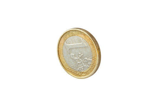 Upright tilted view of the reverse or tails side of a 1 euro coin. Features the face value, European map, twelve stars and distinct bimetallic edge texture. Isolated on a blank background.