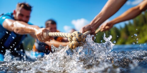 Teamwork shines as friends pull a rope through shimmering water at sunset