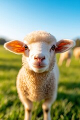 Obraz premium Sheep grazing happily on lush green fields under a bright blue sky
