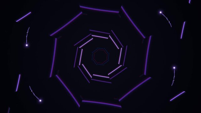 Abstract glowing purple octagonal tunnel with light trails on a dark background.