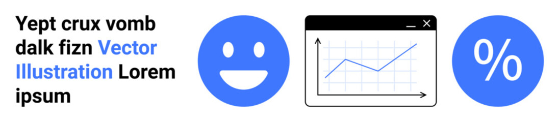 Fototapeta premium Business growth, analytics, performance tracking, financial data, customer satisfaction, corporate planning. Line chart window, happy face percentage symbol. Business growth and analytics concept