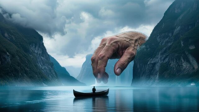 Giant's Hand Over Boat: A lone boat navigates a mystical lake under the gaze of a giant hand emerging from the clouds and mountains. evoking a sense of wonder, mystery, and the sublime