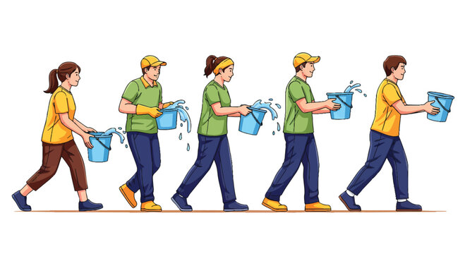A line of people carrying buckets of water illustrating a chain of effort and teamwork.