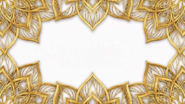 Golden ornate mandala frame expanding, a seamless loop background with elegant metallic gold texture on white, creating a decorative border design for luxury events or cultural celebration backdrops.