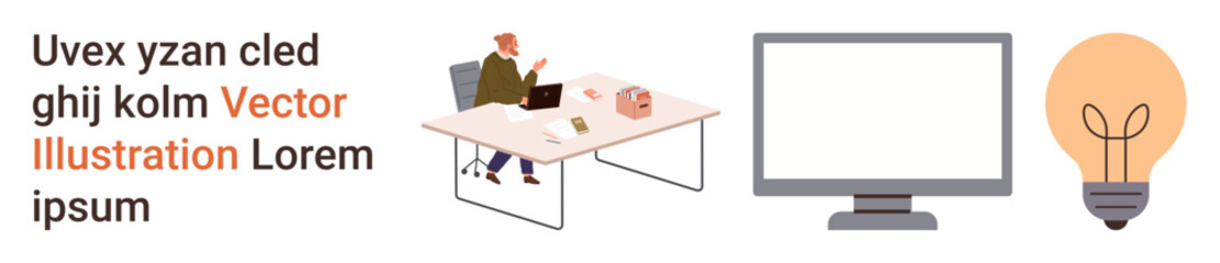 Creativity, productivity, work environment, idea generation, business strategy, technology. Minimalist desk setup with a person at work, a computer screen and a light bulb icon. Creativity