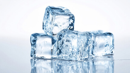 Obraz premium Ice cubes stacked on a reflective surface with clear water drops in a bright environment during the day