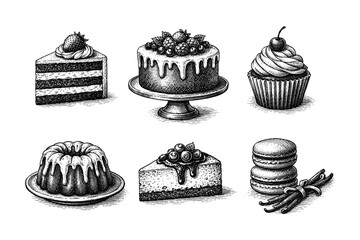Vintage desserts engraving set, retro bakery collection with cakes, cupcakes and sweet pastries in woodcut style