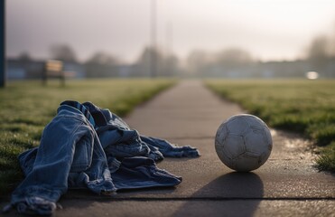 Soccer ball and clothes on park path at sunrise