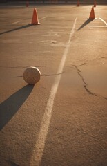 Soccer ball on empty court with training cones