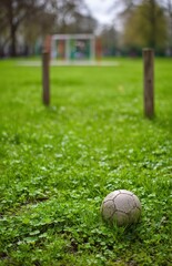 Soccer ball on grass with improvised goal posts