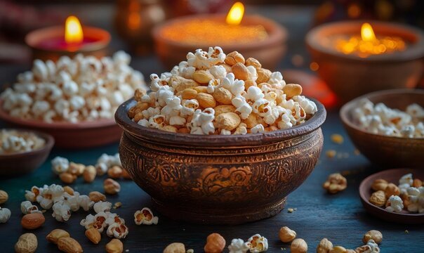 Traditional lohri festival celebrating winter harvest, featuring bowls of popcorn, peanuts, rewari, and lighted diyas