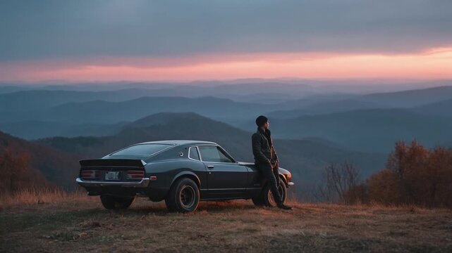 Classic car on mountain silhouette of person at sunset with dramatic sky