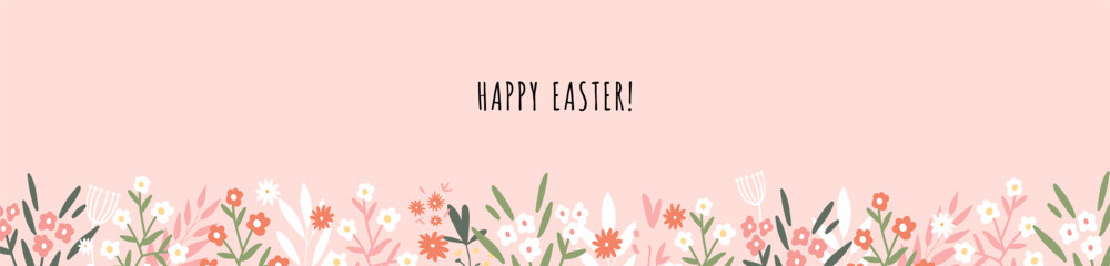 Fancy handdrawn floral Easter background with space for text, vector illustration.