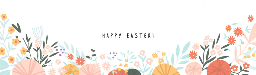 Fancy handdrawn floral Easter background with space for text, vector illustration.