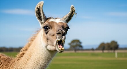 Obraz premium Close-up of llama with mouth open in a green field