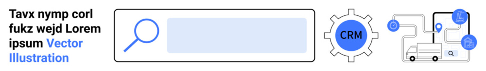 Obraz premium Customer relationship management, data visualization, logistics tracking, workflow automation, system integration, business tools. Magnifying glass with CRM gear and interconnected nodes. CRM