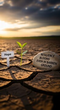 Hopeful seedling and message stone on cracked earth at sunset