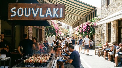 Traditional Greek souvlaki restaurant with diners on busy street