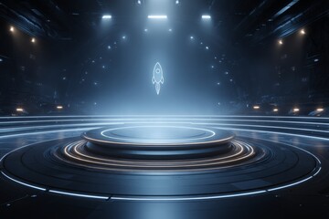 Obraz premium A futuristic digital stage with a rocket icon