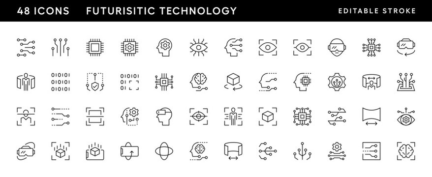 Futuristic technology icon set. Information technology, automated system, robotic, electronic, chipset, simulation, microchip and more. Editable stroke. Pixel Perfect. Grid base 32 x 32.