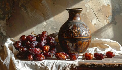 Still Life with Dates and Vase - A Study in Light and Texture.
