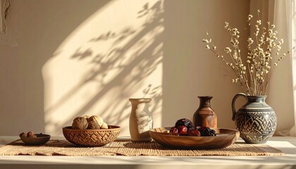 Still life with fruit, vases, and dried flowers in sunlight.