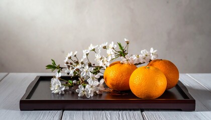 Still life with oranges and white flowers on a tray.
