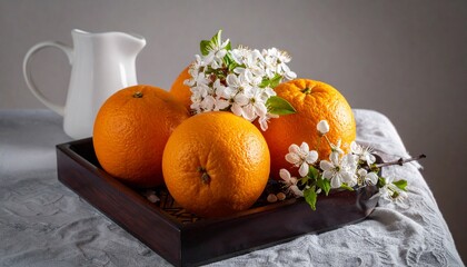 Still Life with Oranges, White Flowers, and White Pitcher.