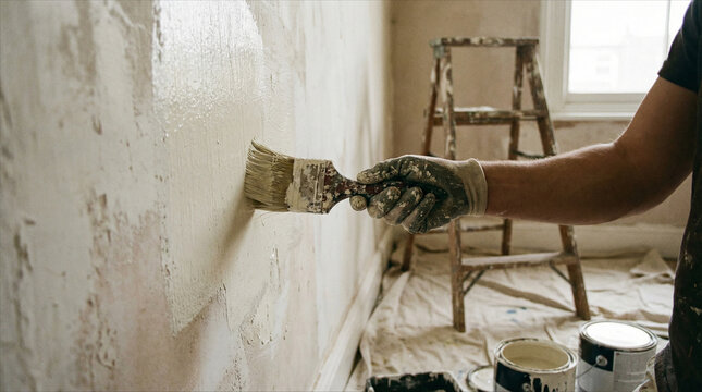 A realistic scene of a person painting a wall with a brush, captured from the side. Focus on the brush, hand, and paint texture rather than the face.