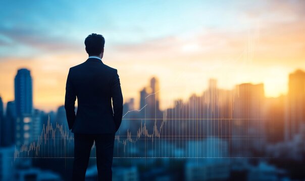 Businessman in suit looking at city skyline with overlayed financial charts, symbolizing vision, ambition, and business growth