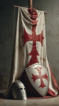Medieval knight templar helmet and Templar flag with red cross hanging on wall.