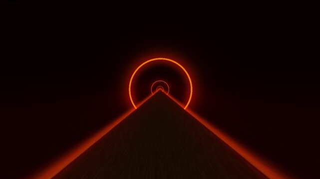 looping 3d animation, moving forward the endless stage with glowing neon rings. Abstract neon background