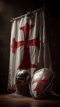 Medieval crusader flag knight templar with helmet and shield displaying red cross symbol.