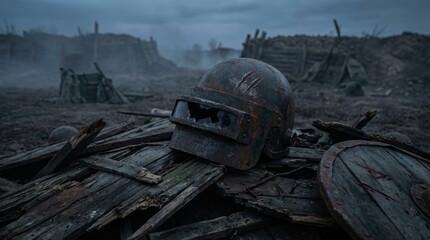 Fototapeta premium Rusty Battle Helmet Amidst War Debris