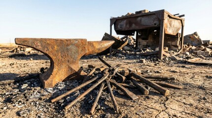 Rusty Blacksmith Anvil and Tools in Abandoned Forge