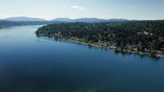 Aerial View Establishing Scenic Lake Waterfront Homes