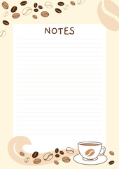 Coffee themed notes template with lined paper, coffee cup and beans in warm beige tones. Cozy printable page for planners, journals and stationery design