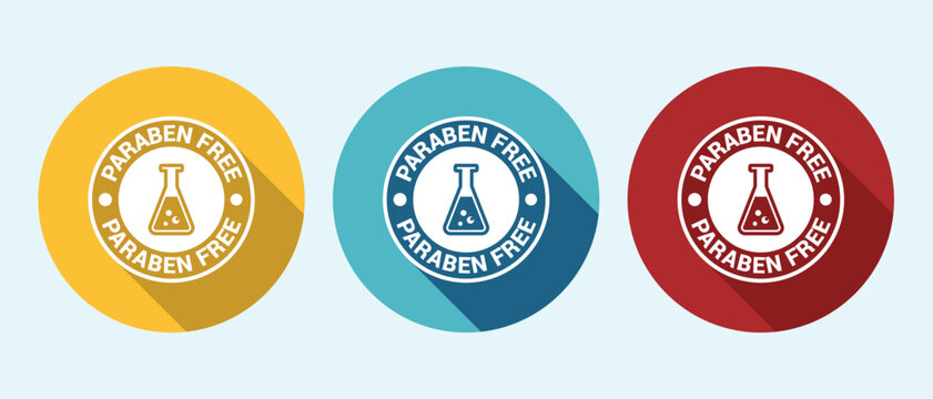 Three round icons with paraben free labels and beaker images on white background