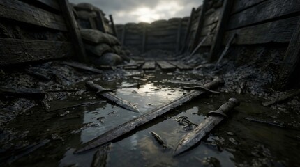 Rusty Swords and Daggers in a Muddy Trench
