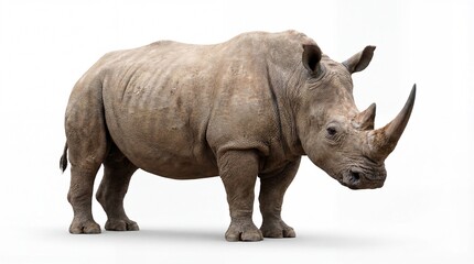 Naklejka premium A large rhinoceros stands alone on a white background, showcasing its distinctive horn and rugged skin texture.