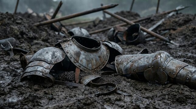 Scattered Medieval Armor Pieces Lie on Muddy Battlefield
