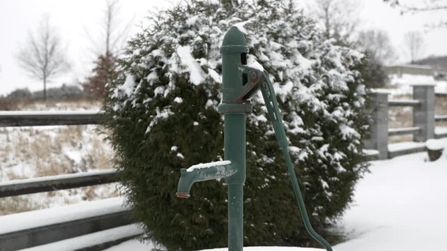 Vintage hand pump covered in snow. Snowflakes gently fall. Background shows a snowy field and fence. Winter rural scene. Nostalgic and rustic feel. Peaceful and quiet atmosphere