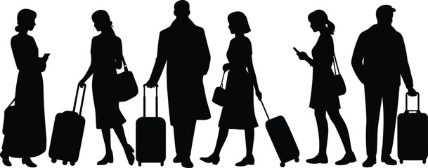 Obraz premium Business traveler silhouettes with luggage, men and women waiting, airport departure scene, smartphone usage, black and white vector illustration set