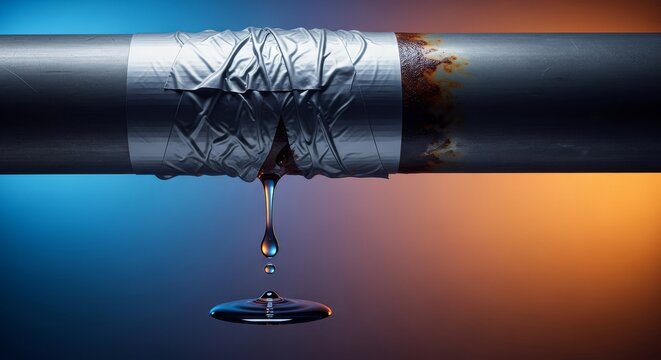 A leaking metal pipe is crudely wrapped with silver duct tape, symbolizing a fragile, temporary fix to delay catastrophic failure, interim, business, provisional
