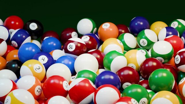 Slow camera movement over a field of colorful billiard balls. Seamless loop animation background.