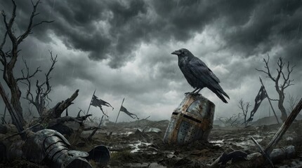 Fototapeta premium Solitary Raven Perched on Fallen Knight's Helmet