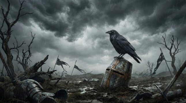 Solitary Raven Perched on Fallen Knight's Helmet