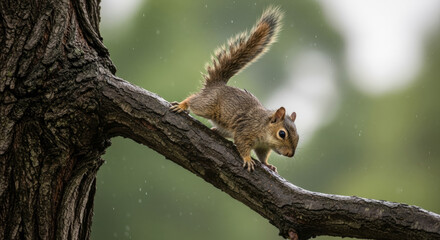 Squirrel Clinging to Branch in Rain as Nature Strikes, Perfect for Wildlife Conservation Blogs, Educational Websites, and Nature Awareness Campaigns